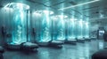 Advanced cryogenic storage system with illuminated chambers in a tech facility. Cryogenic Chambers for freezing bodies