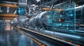 Advanced cutting-edge technology in modern industrial factory setting with futuristic digital interfaces