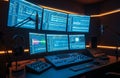 Advanced cyber security operations center with multiple monitors displaying complex data Royalty Free Stock Photo