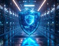 Advanced Cybersecurity and Data Protection Concept with AI Digital Shield in Secure Cloud Server Room Royalty Free Stock Photo