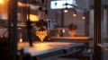 Advanced 3D printer in action, showcasing intricate design and modern technology in a dimly lit workshop environment