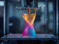 Advanced 3d printer creating a vibrant, multi-colored twisted vase with intricate patterns and glowing sparks flying in a modern Royalty Free Stock Photo