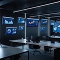 Advanced Data Analytics Center with High-Tech Monitors and Global Projections. Royalty Free Stock Photo