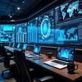Advanced Data Analytics Center with High-Tech Monitors and Global Projections.