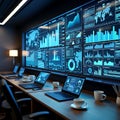 Advanced Data Analytics Center with High-Tech Monitors and Global Projections. Royalty Free Stock Photo
