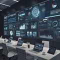 Modern Command Center with Real-Time Global Data Visualization on Multiple Screens. Royalty Free Stock Photo