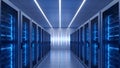 Modern Data Center Aisle with Server Racks and Blue LED Lights, Technology Concept Royalty Free Stock Photo