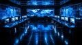 Advanced data center with multiple computer terminals and a global map display at night Royalty Free Stock Photo