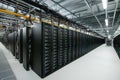 Advanced data center showcasing rows of servers with security measures for safeguarding critical information. Generative AI