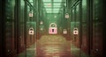 Advanced data security concept with illuminated padlock icons within a modern server room environment Royalty Free Stock Photo