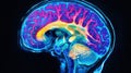 Advanced digital brain scan visualizing neural pathway deterioration, with precise color mapping and cellular data analysis for Royalty Free Stock Photo