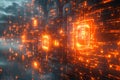 Advanced digital circuit board illuminated with glowing orange elements in a futuristic setting Royalty Free Stock Photo