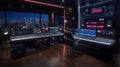 Advanced digital control room with multiple monitors and illuminated interfaces, representing high-tech operations, data, and Royalty Free Stock Photo