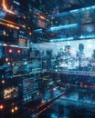 Advanced digital data visualization interface with glowing blue and orange hud elements, futuristic holographic charts, and cyber Royalty Free Stock Photo