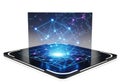Advanced digital interface displaying interconnected network on futuristic tablet with glowing blue lines and map overlay Royalty Free Stock Photo