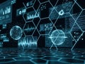 Advanced digital interface with hexagonal data visualizations and spheres Royalty Free Stock Photo