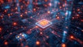 advanced digital microchip with glowing connections and icons for technology innovation and data Royalty Free Stock Photo