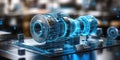 Advanced digital model of a mechanical engine component displayed in a high-tech workspace with blue highlights Royalty Free Stock Photo