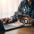 Advanced Digital Security with a Holographic Shield Interface on Laptop and Smartphone Royalty Free Stock Photo
