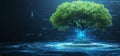 An advanced digital setting displaying a tree with an integrated tech interface. Royalty Free Stock Photo