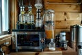 Advanced Distillation Apparatus Processes Liquids Precisely and Efficiently in a Rustic Setting, Creating Aromatic Compounds with Royalty Free Stock Photo