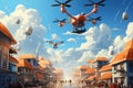 Advanced drone technology streamlines urban parcel delivery. Drones hover over a bustling cityscape. Efficient