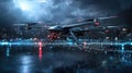 Advanced drones navigating invisible technology boundaries in urban nightscape futuristic aerial photography