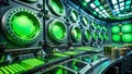 Advanced Electronic Array System Displays Dynamic Green Data Stream on Sleek Metallic Surface. A Futuristic