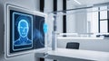 Advanced facial ID system, hologram interface, data security visualization, and AI analysis in progress create futuristic