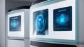 Advanced facial ID system, hologram interface, data security visualization, and AI analysis in progress create futuristic