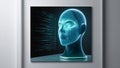 Advanced facial ID system, hologram interface, and data security visualization showcase AI analysis in progress, emphasizing