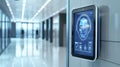 Advanced facial recognition terminal in modern office space technology integration clean environment futuristic design