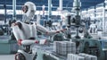 Advanced Factory Worker Robot Operating Machinery in a High-Tech Assembly Line with Humanoid Design and Safety Features for