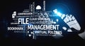 Advanced File Management System Concept with Robotic Hand and Various Digital Elements Representing Data Organization Royalty Free Stock Photo