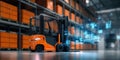 The advanced forklift operating in a modern warehouse environment with digital technology. AI generated image Royalty Free Stock Photo