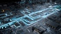 Advanced Futuristic Circuit Board Concept with Glowing Blue Light Trails and Microchip Hardware Components Representing Artificial Royalty Free Stock Photo