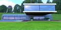 An advanced futuristic cottage in a summer eco-park. Unreal console floor. Huge green meadow and private swimming pool with