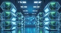 Advanced data center showcasing futuristic glowing hexagonal server racks with an interactive network display. Royalty Free Stock Photo