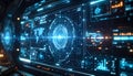 Advanced Futuristic Digital Interface Displaying Complex Data Analytics and Global Mapping on a Dark Console Screen with Intense Royalty Free Stock Photo