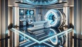 Advanced futuristic MRI scanner in a high-tech medical room with glowing neon lights.