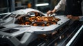 Advanced futuristic printing technology producing spaceship parts in a high-tech workshop