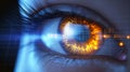 Advanced futuristic robot eye with blue and orange digital iris and sparkles illuminating the vision Royalty Free Stock Photo