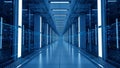 Futuristic Server Room Hallway with Blue Lights and Data Streams Royalty Free Stock Photo