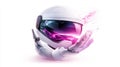 Advanced futuristic VR headset in white with pink glowing visor held by a robotic hand on a white background
