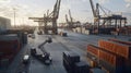 Advanced 5G Enabled Automated Robotic Crane Operating in Modern Port Facility with Shipping Containers and Heavy Machinery Under