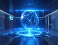 Advanced Global Data Network with Digital Earth Hologram in Futuristic AI Technology Center Royalty Free Stock Photo