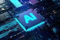 Advanced Glowing GPU Chip with AI Letters . Next-generation Artificial Intelligence Acceleration Card for Powering High Royalty Free Stock Photo