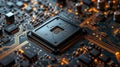 Advanced GPU/CPU Microchip for AI Technology: Close-Up Shot on a Powerful Computer Board - Wide Banner Design with Copy Space