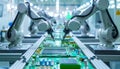 Advanced High Precision Robot Arms on Fully Automated PCB Assembly Line Inside Modern