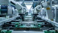 Advanced High Precision Robot Arms on Fully Automated PCB Assembly Line Inside Modern